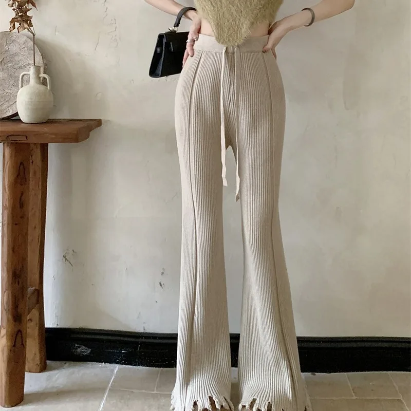 Dzianinowe spodnie codzienne Thiened na zimę, nowe, wyszczuplające, lekko rozszerzane, długie spodnie z frędzlami dla kobiet, z wysokim stanem.