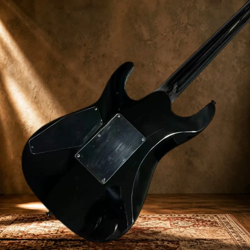 Unique Black Electric Guitar, Mahogany Body, Floyd Rose Style Tremolo, 24 Fret, Black Hardwares, Metal Guitar for Rocky