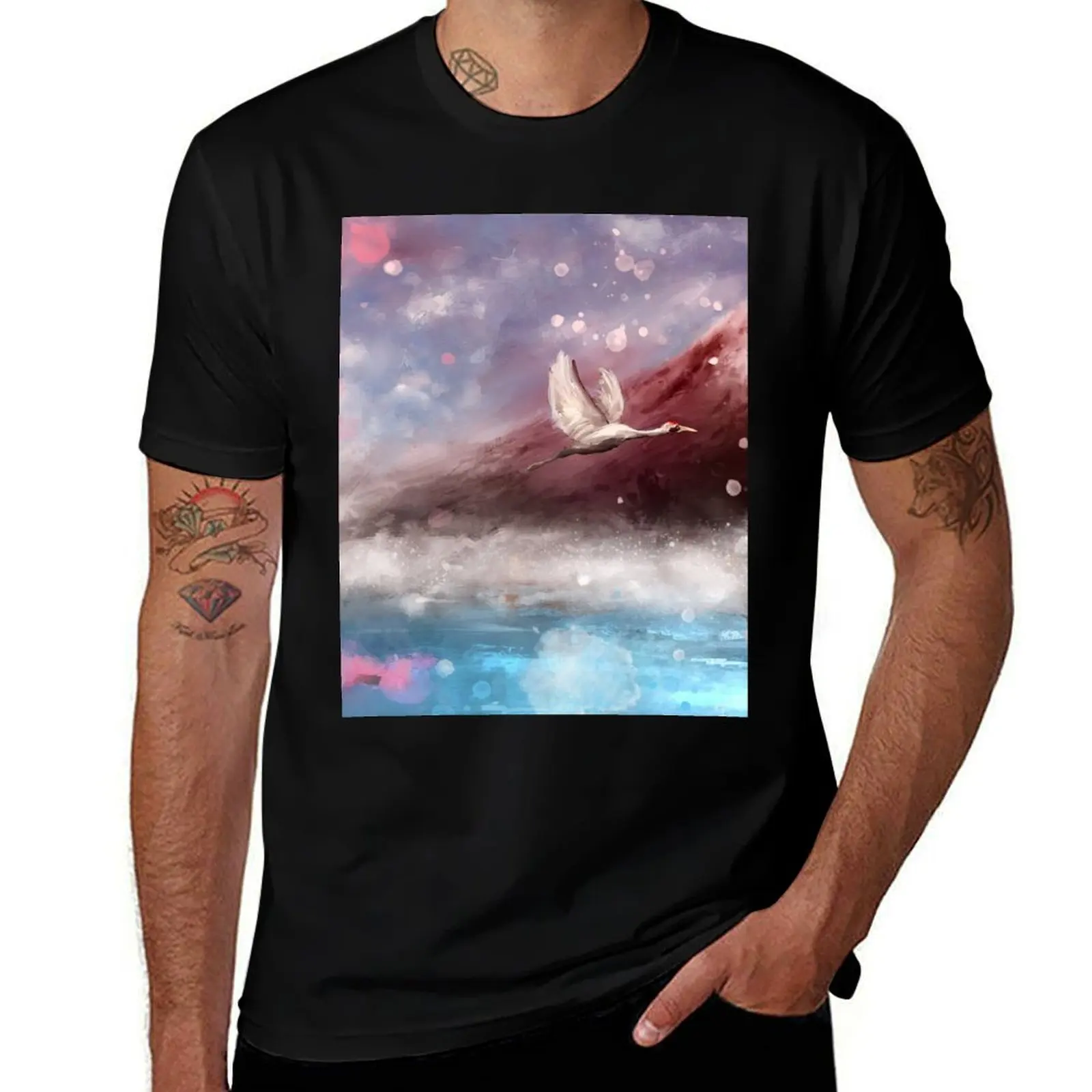 

A Dreamy Painting of Mount Fuji, with Pink Cherry Blossom and a Crane Flying T-Shirt summer top T-shirts for men cotton
