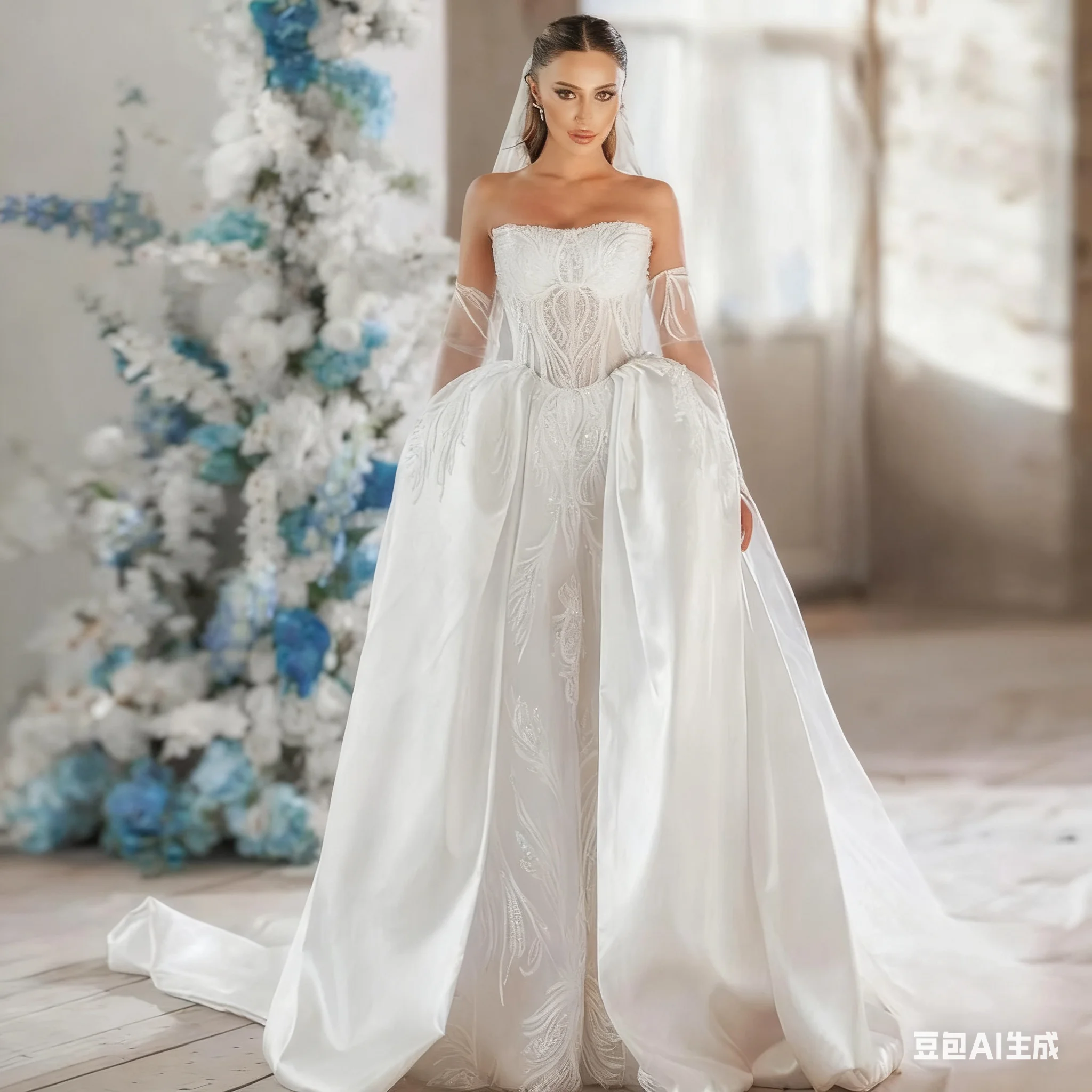 Aangepaste 2026 A-lijn elegante trouwjurken strapless vestido de novia kant afneembare trein mat satijn vintage robe de mariee