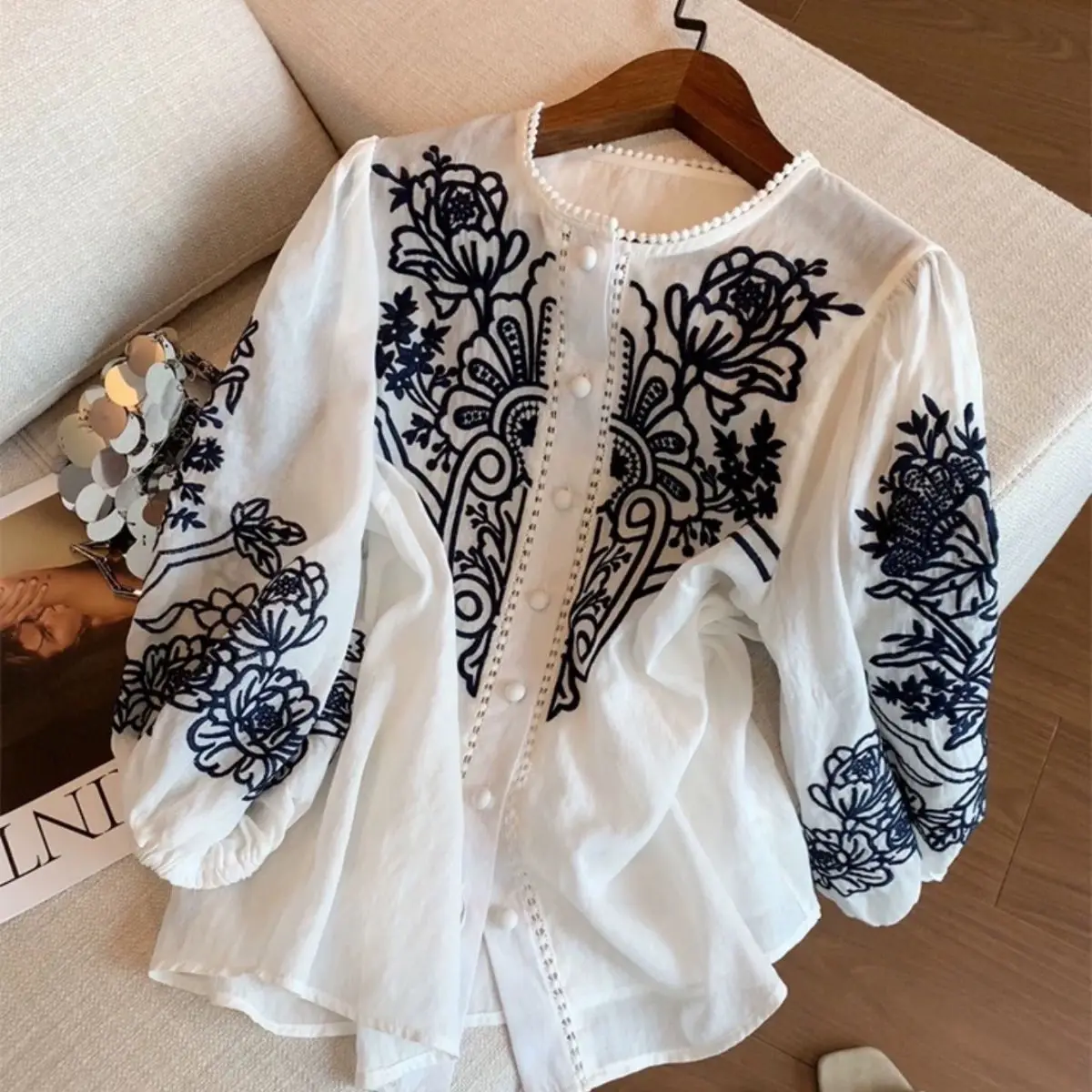 

Gagaich Vacation Style Retro Embroidered Linen Shirt Women 2025 Summer New Style Temperament Versatile Cotton Linen Top
