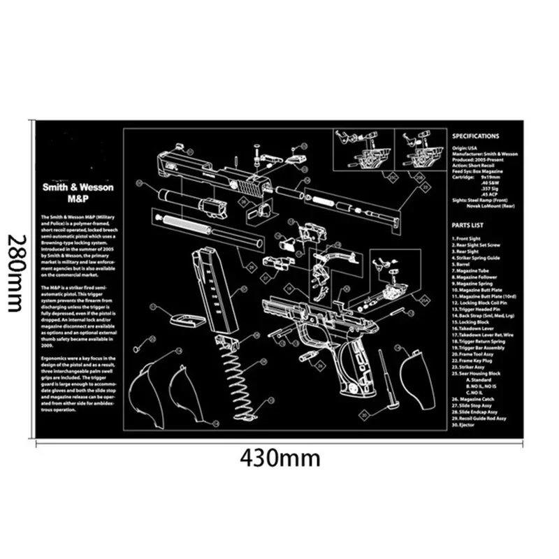 280x430mm Gun Cleaning Rubber Mat With Parts Diagram Instructions Mouse Pad For 1911 Glock HK USP M92 P220 226