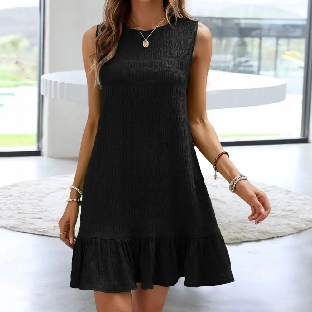 

Spring Summer Dress Chic A-line Mini Dress with Pleated Ruffle Patchwork Hem for Summer Dating Shopping Women Casual Dress