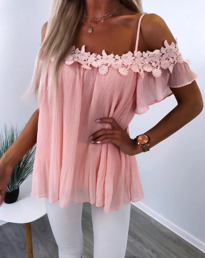 Women's Top Fashion New Contrast Lace Cold Shoulder Short Sleeve Ruched Blouse Casual Loose Fit Top Shipped Within 48 Hours