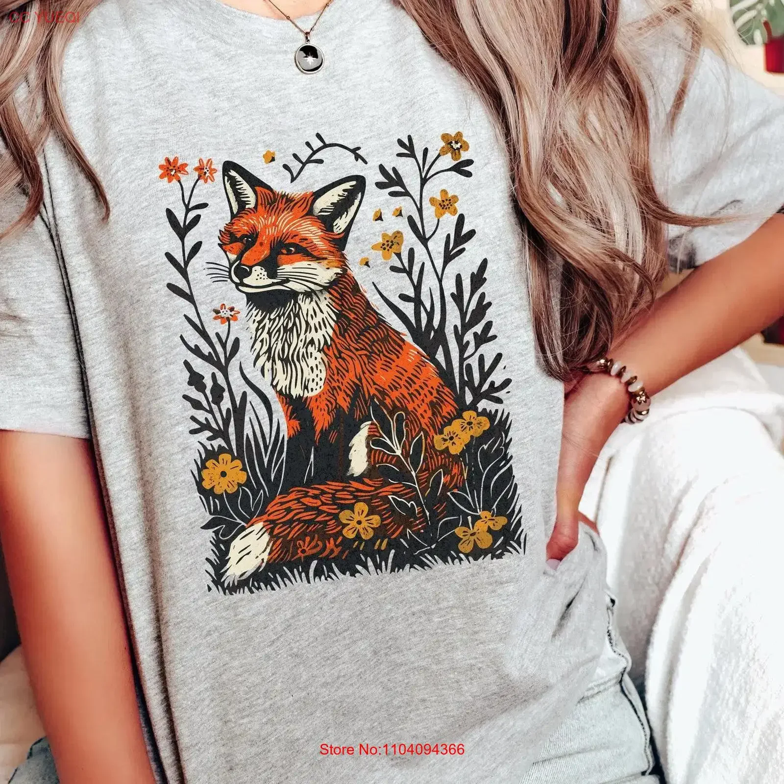 Camiseta de Arte Folclórico con Motivos de Zorro, Bosque y Naturaleza, Estilo Boho, Cottage Core, Retro, Vintage, Lavada, Versátil y Elástica para Ella S62