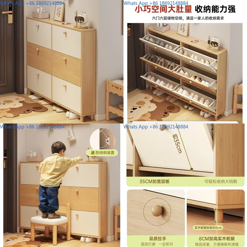 

Solid Wood Slim Cream Style Shoe Cabinet for Home Entry Storage Multi Tier Dust Proof Shoe Rack