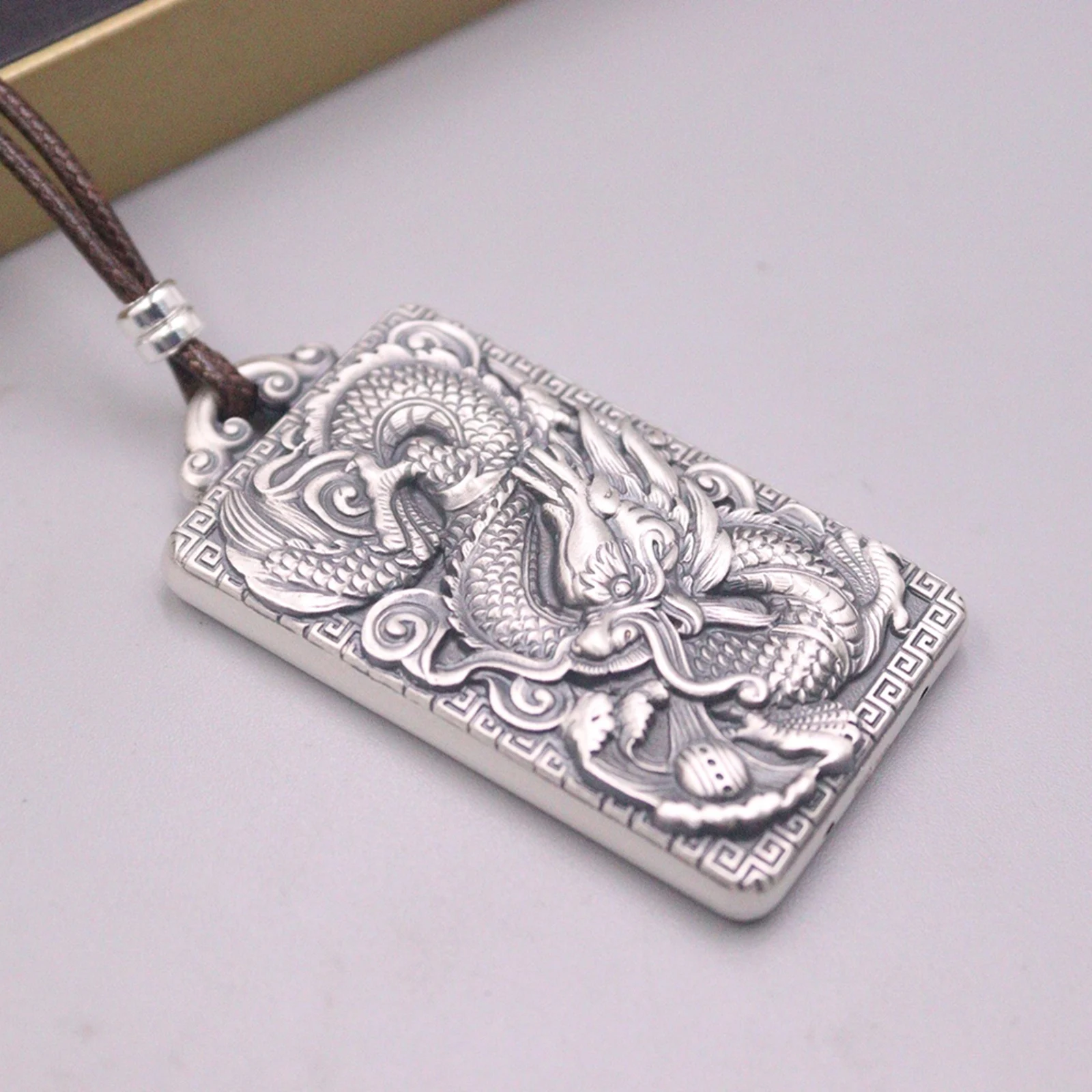 Real Pure 999 Fine Silver Men Women Lucky Carved Cloud Dragon Square Oblong Pendant 20.5g 