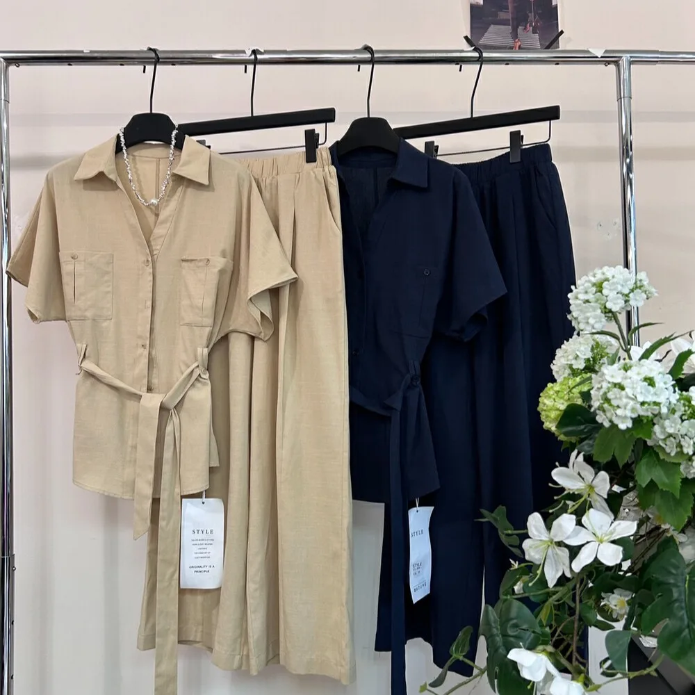 Slimming Effect Korean Sle irt Top And Wide Leg Pants Two Piece Set Women's Faion Summer 2025 Elastic Waist Design