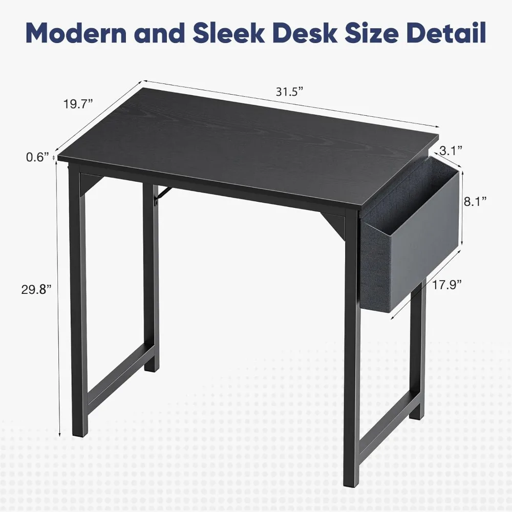 Escritorio pequeño para ordenador, mesa de oficina moderna y sencilla con bolsa de almacenamiento y gancho para el hogar y el dormitorio