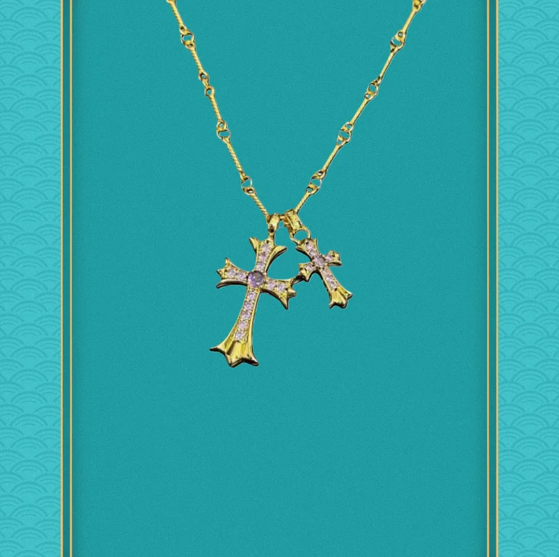 Lavender Crystal Double Cross Charm Necklace (Edgy Retro Finish)