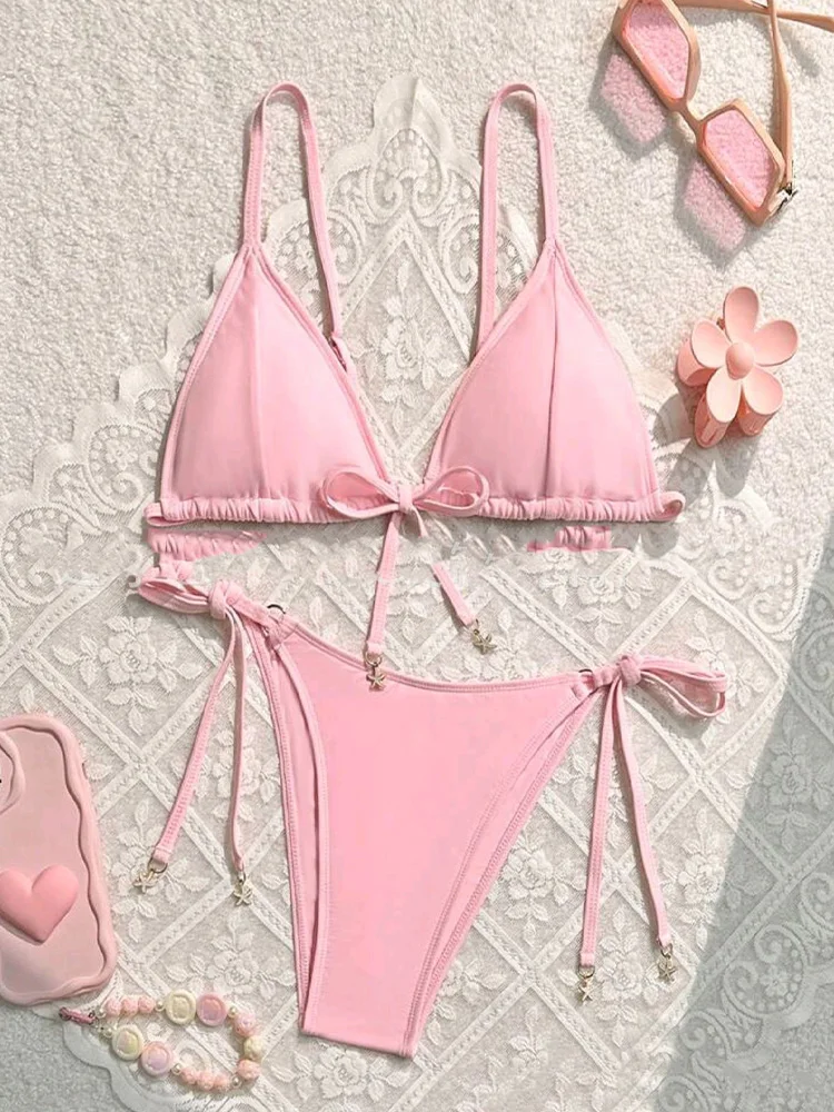 Fashion Sexy High Waist Solid Bikinis 2 Piece Set Women Lace Up Split Swimsuit Backless Beach Bikini 2026 New Summer Bikinis Set