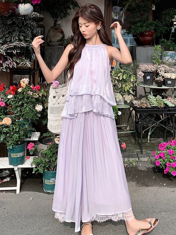 

Summer Chic Women's Two-Piece Set Neck Hanging Loose Fit Slimming Double Layer Top High Waist Skirt Lace Splice Fashionable