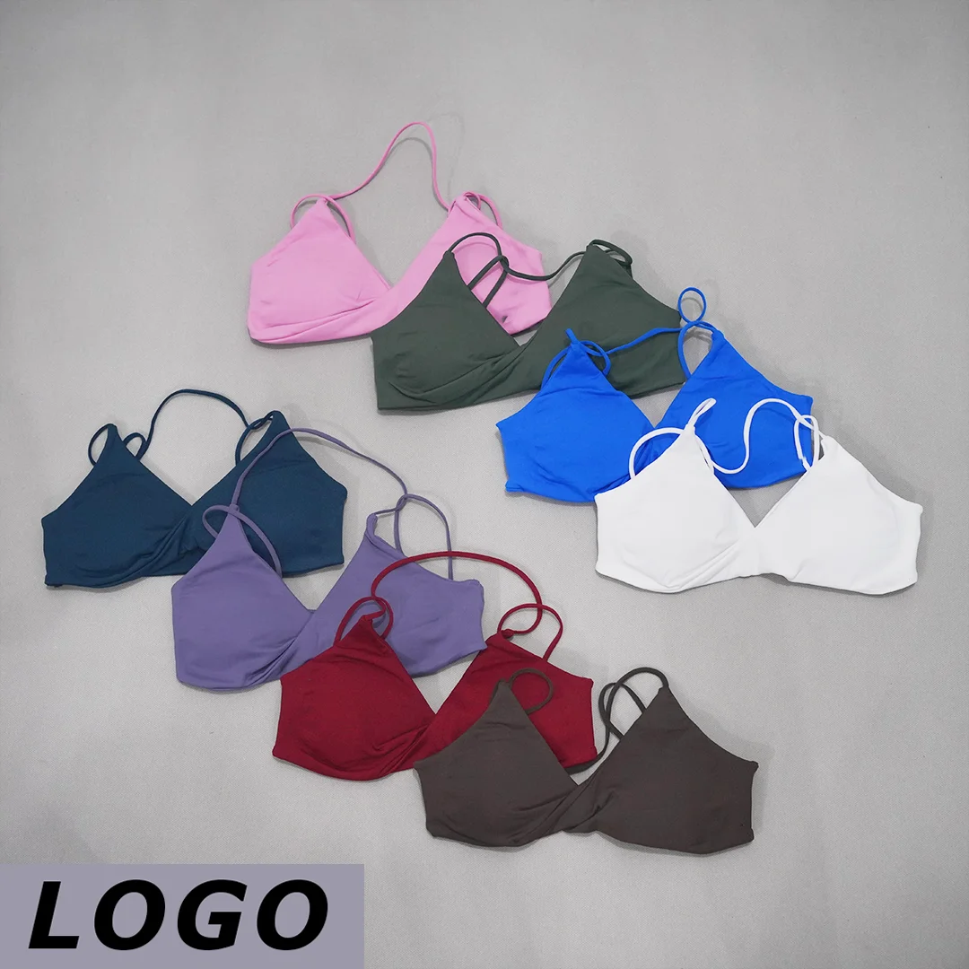 DF Women Twist Front Sports Bra V Neck Thin Strap Cross Back Seamless Removable Pads Yoga Gym Fitness Workout Soft Support