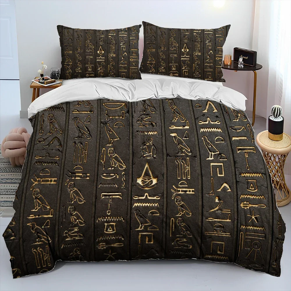 Egyptian Mythology Pharaoh Hieroglyphic Bedding Set,Duvet Cover Bed Set Quilt Cover Pillowcase,King Queen Size Bedding Set Adult