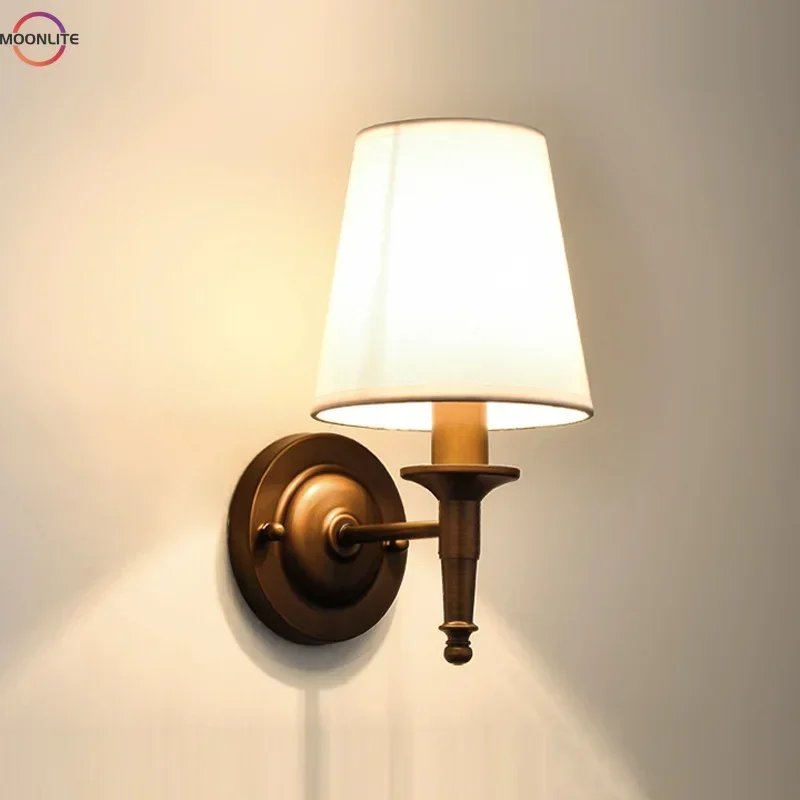 American Iron Wall Lamp Bedroom Bedside Lamp Living Room Fabric Lampshade Wall Decorative Lighting