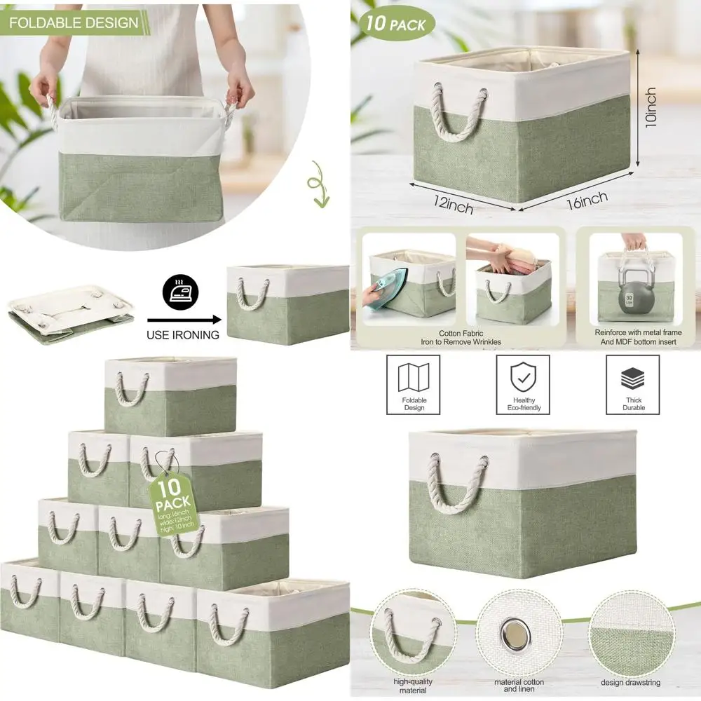 

Большие складные тканевые корзины для хранения с ручками для организации полки, игрушек, одежды — бежевый и зеленый, 16x12x10 дюймов