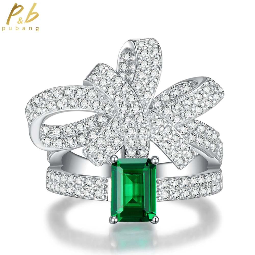 

PuBang Fine Jewelry 925 Sterling Silver Emerald Gem Created Moissanite Bowknot Diamond Ring for Women Wedding Gift Drop Shipping