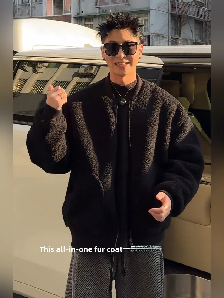 

Trendy Lamb Velvet Men's Jaet 2025 New Autumn Winter Inteated Leather Fur Baseball Collar Cotton Coat for Men