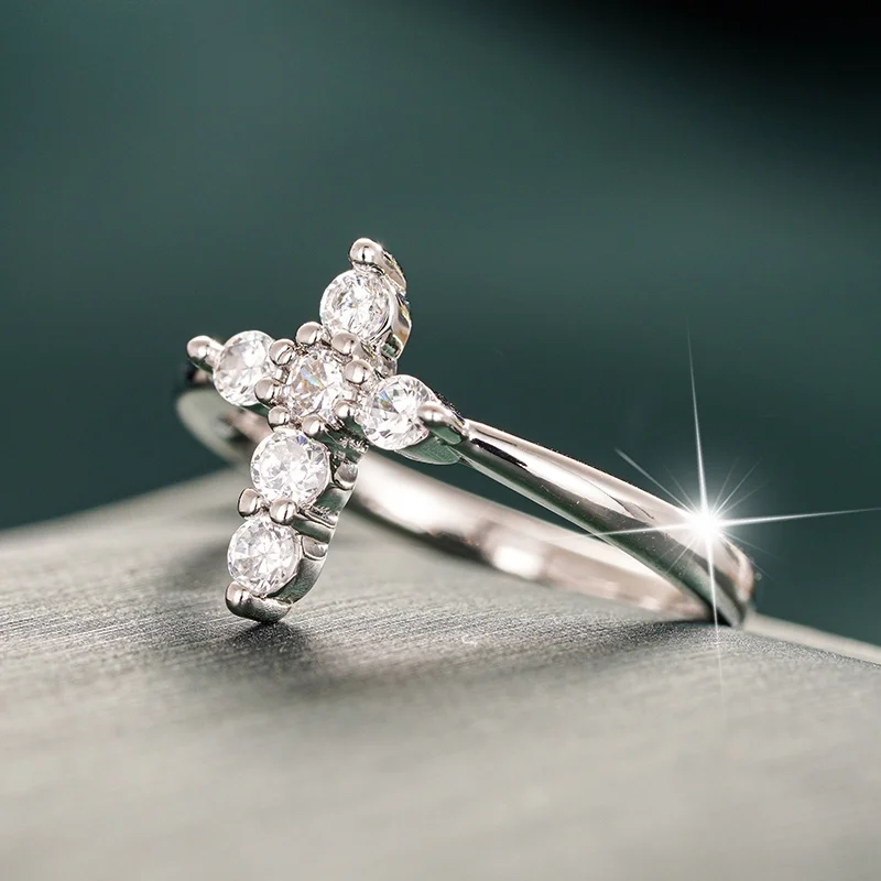 2026 Minimalist Cubic Zirconia Cross Design Rings for Women Versatile Silver Color Party Accessories Timeless Styling Jewelry