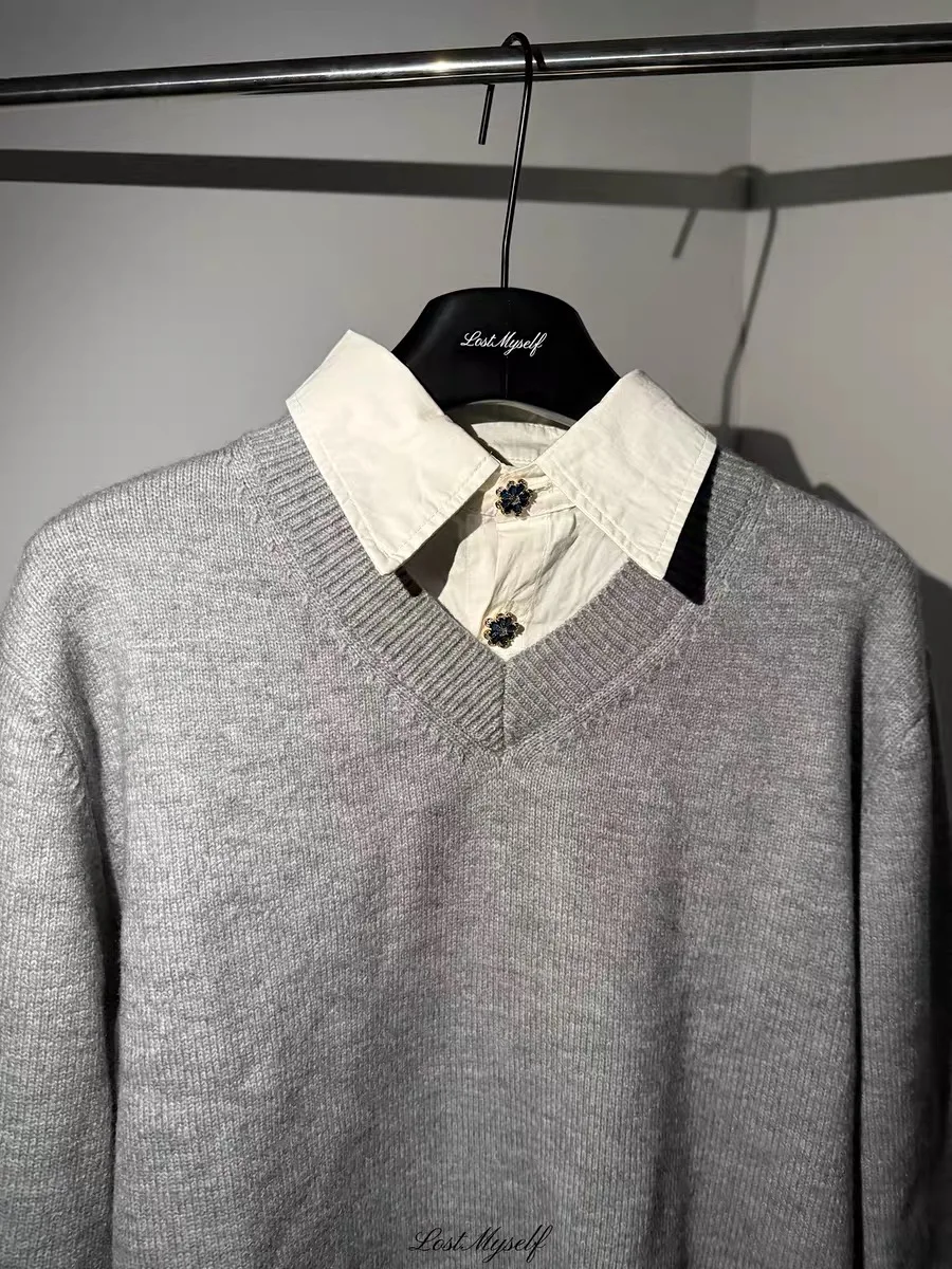 

High nce V-Ne Knitted irt Men's Autumn Winter Design Sensation Couple's Loose Fit Long Sve Thermal Wear