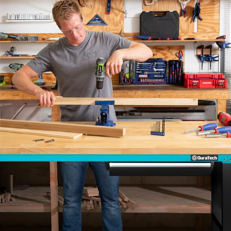 72” Adjustable Workbench, Heavy-Duty Rubber Wooden Top Worktable with a Drawer, 6ft Workstation with Power Strip, Peg Board