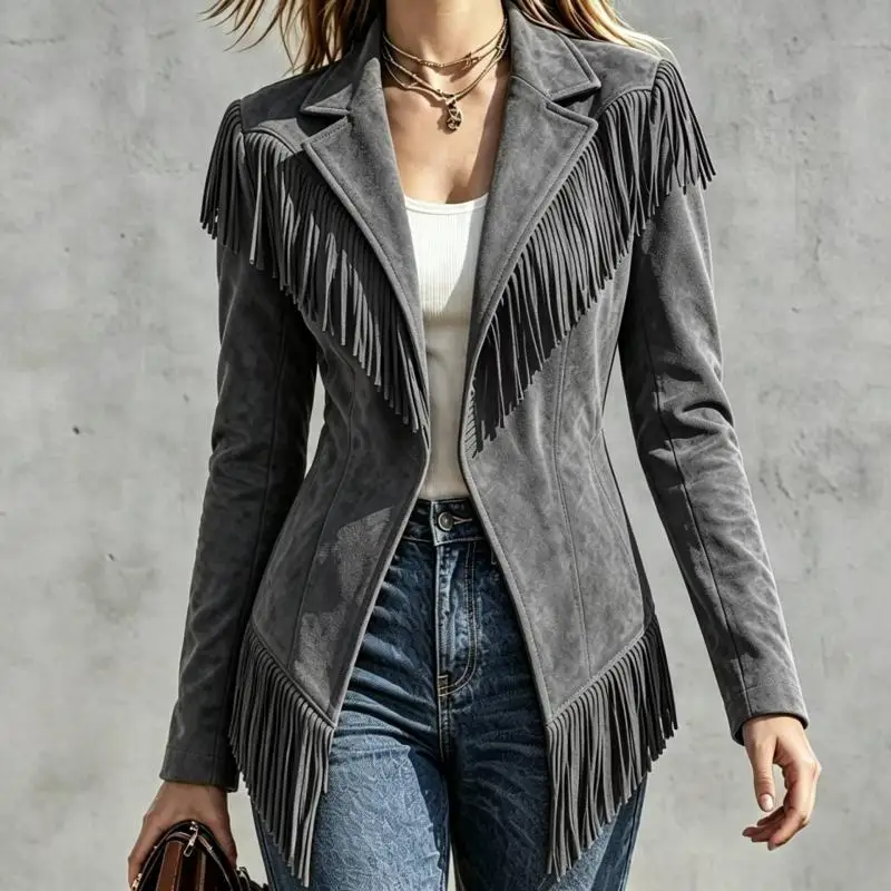 Hot 2026 Spring Autumn New Cross Border Women Clothing Fashion Design Sense Tassel Long Sleeved Coat Elegant Unique Jacket TopS