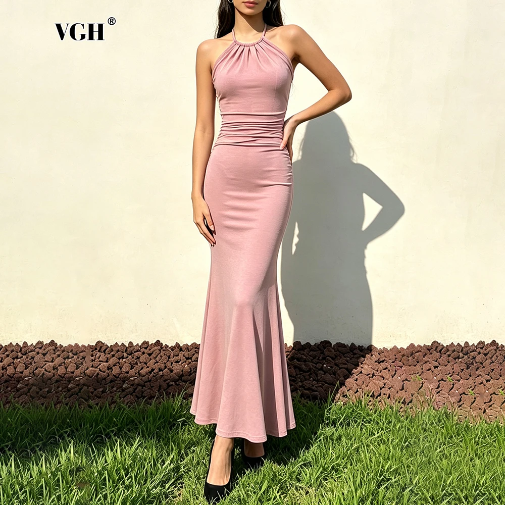 VGH Pink Stretch Knit Midi Maxi Dress for Women Halter Neck Gathered Bust Slim Mermaid Floor Skirts for Soft Tone Outfit Banquet