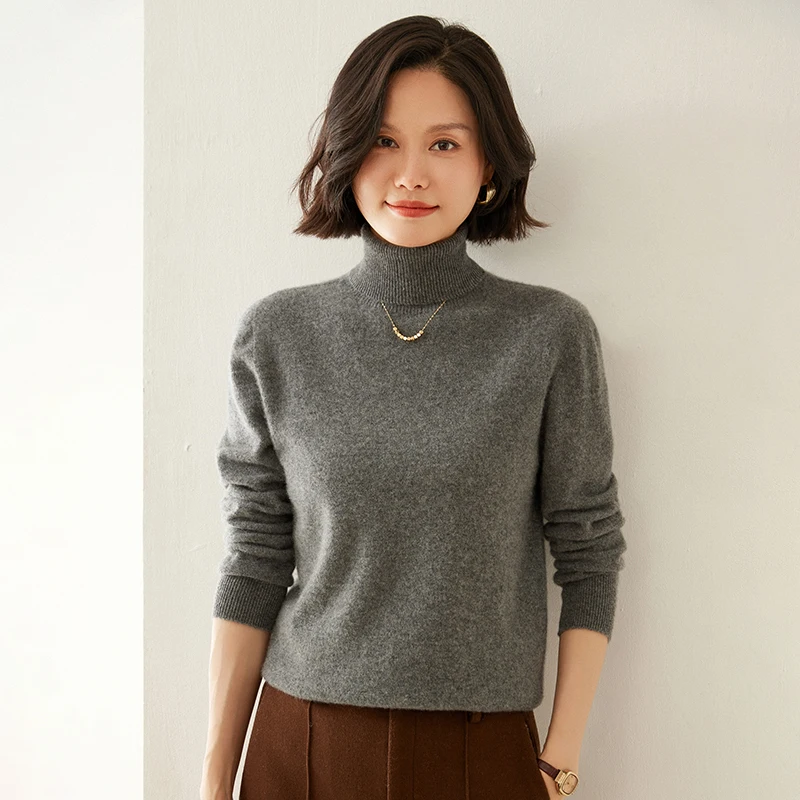 

Autumn Winter New High Collar 100% Cashmere Women's Sweater Slim Fit Base Shirt High-end Fashion Versatile Pullover Knitwear