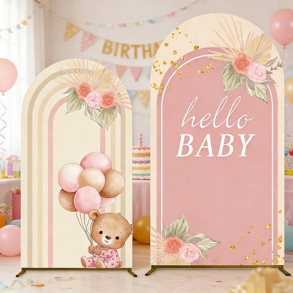 

Фон для фотосессии Hello Baby: арка, цветы, шары, медведь, розовый, для девочки, на день рождения, для детского праздника
