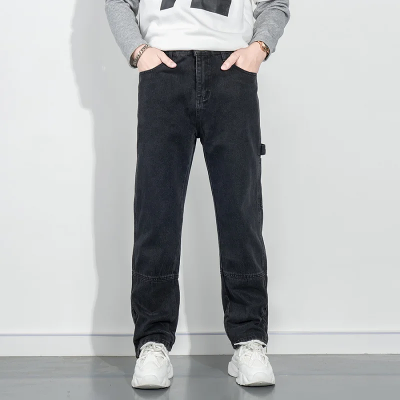 새로운 트렌디 브랜드 십대 남성용 청바지 패션 캐주얼 루즈핏 스트레이트 레그 워싱 스플라이스 데님 팬츠