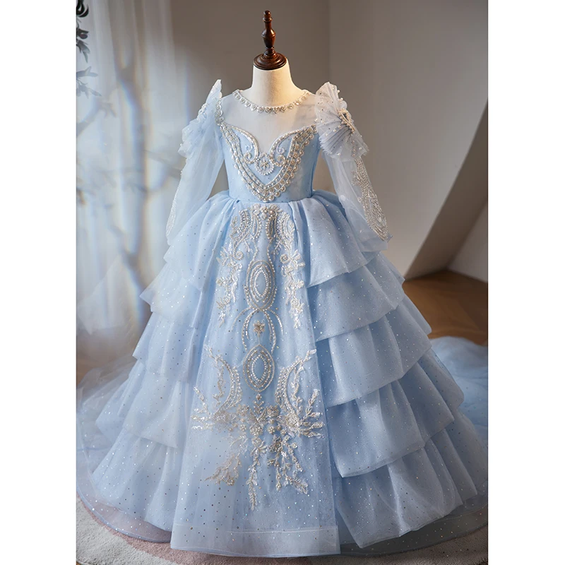 Exquisite Girl Kids Princess Layered Dress Blue Beading O-Neck Tulle Dresses Sequin Lace-Up Chiffon Children Vestidos 4-12Y