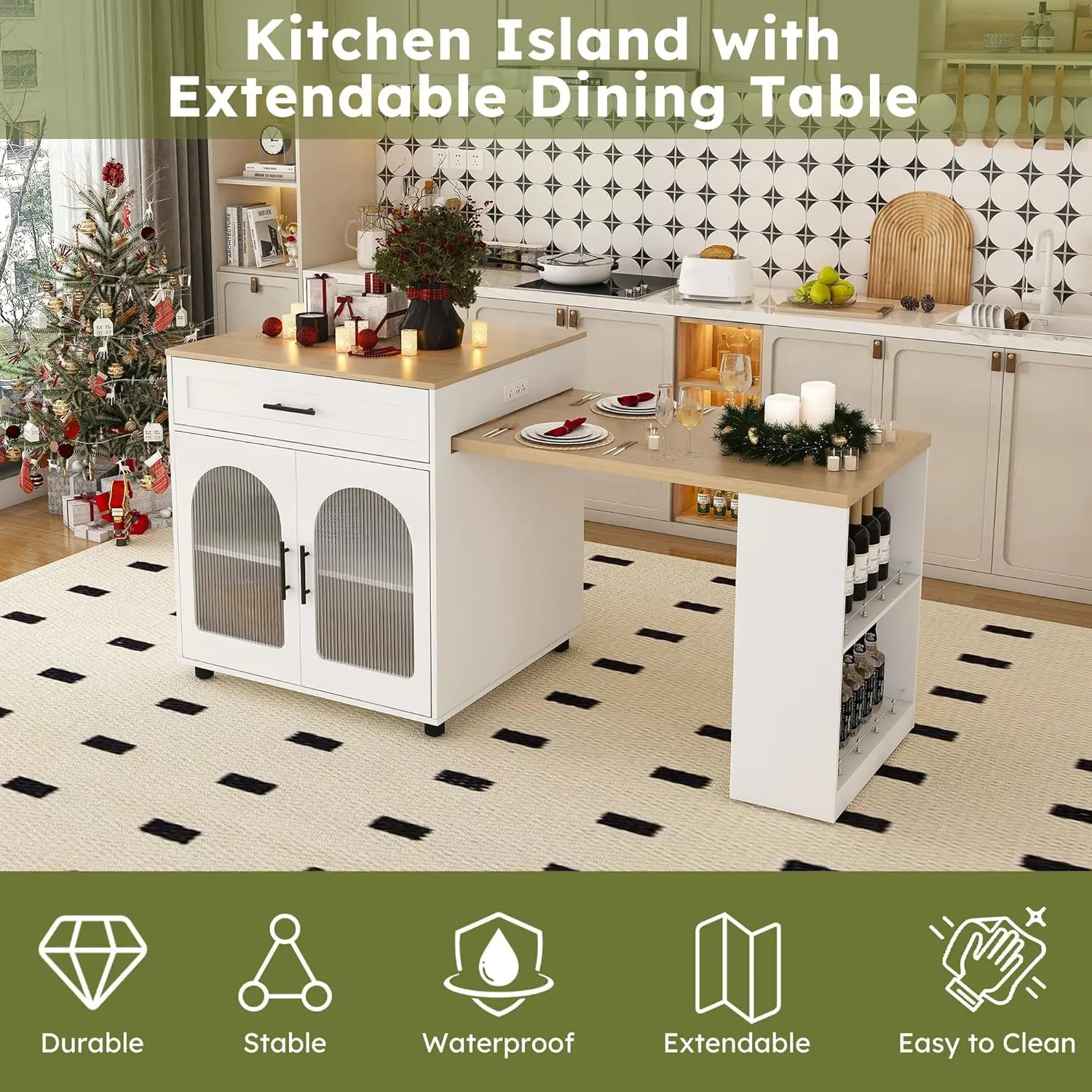 80" Kitchen Island Extendable Table Marble Top Power Outlet Rolling Cart Cabinet 2 Drawers Dining Room, Customized image 4