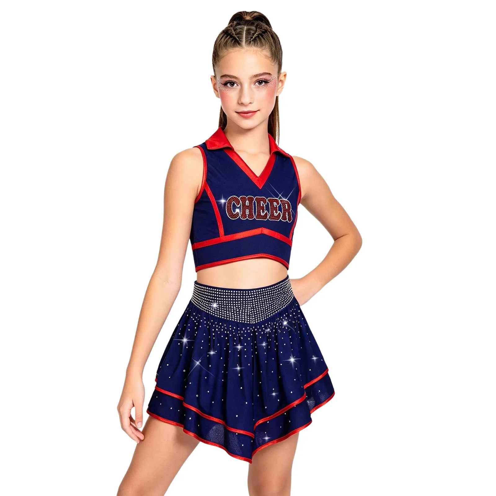 Cheerleader-Kostüm für Mädchen mit Metallic-Besatz, Strass-Cheerleading-Uniform, ärmelloses Crop-Top mit V-Ausschnitt und Rüschenrock – Detail 13