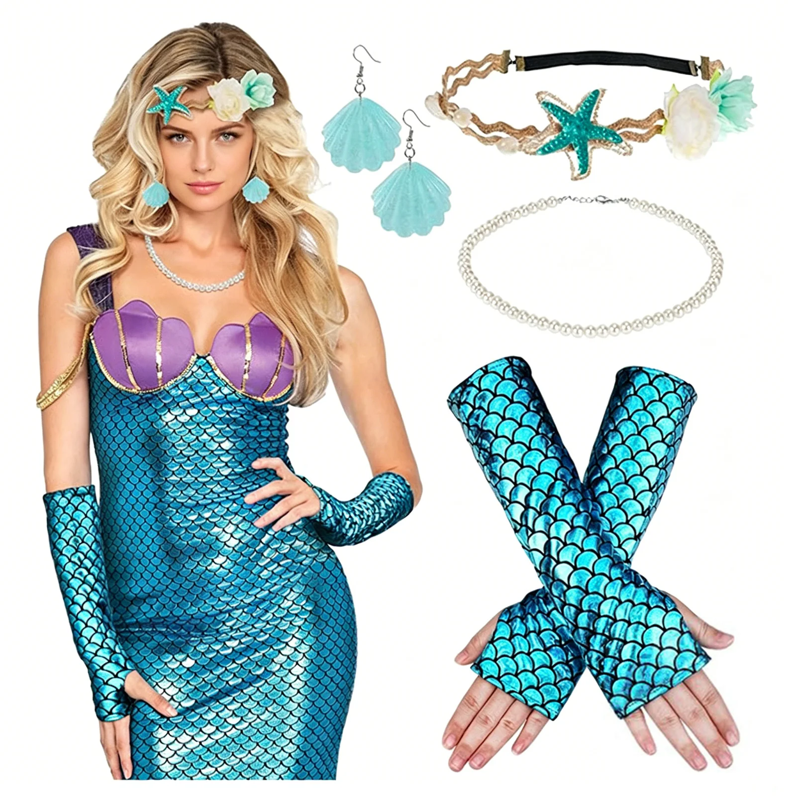 Women Mermaid Cosplay Props Applique Headband Shell-shaped Earrings Faux Pearls Necklace And Fish-scale Printed Gloves