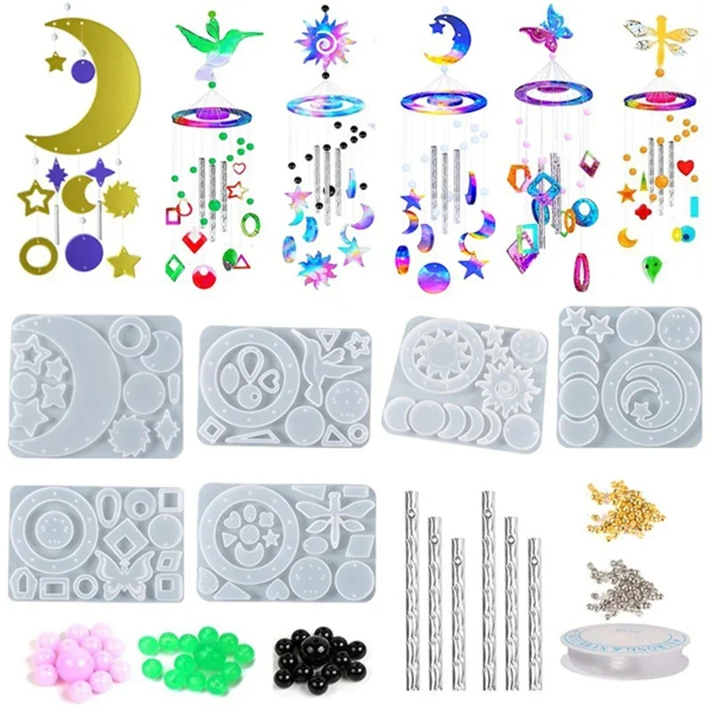 Kit de moldes de resina de silicona para campanas de viento, 6 estilos, molde de fundición epoxi para crear arte, decoraciones de campanas de viento DIY