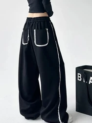 Zoki Lace Striped Sweatpants Women High Waist Oversize Y2K Black Trousers American Vintage Loose Casual Pockets Bf Harajuku Pant