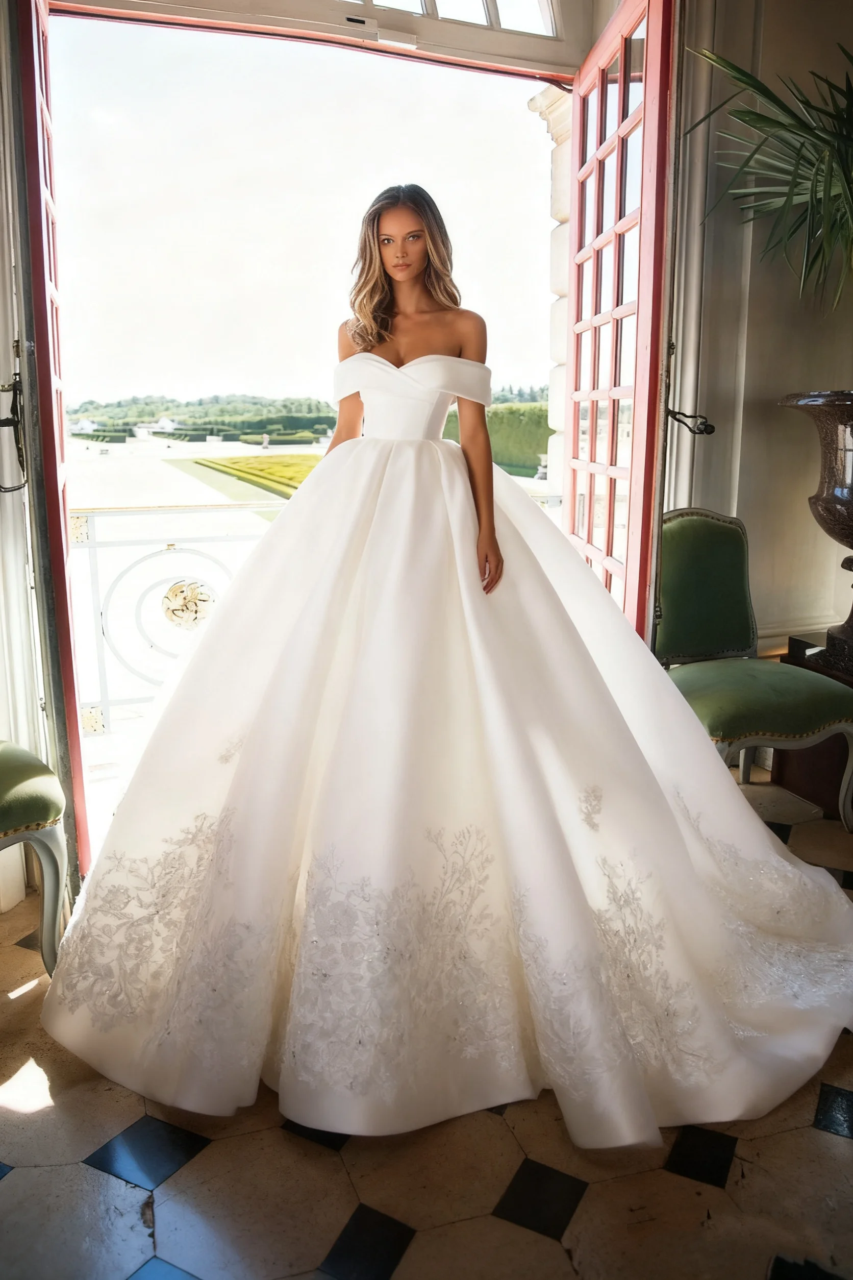 Suknia ślubna z dużą spódnicą, odkrytymi ramionami i plecach, z satynowymi aplikacjami z cekinami, model 2026, szyta na miarę.