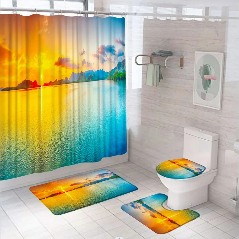 Ocean Scenery Shower Curtain Set Beach Palm Tree Tropical Plant Sea Waves Bathroom Decor Carpet Toilet Mat Non-slip Mat Bath Rug