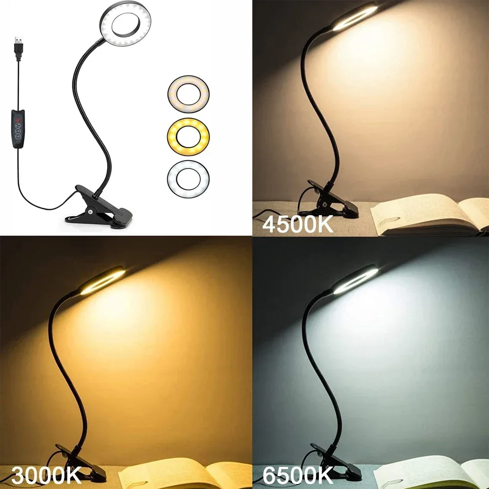 Creative 360 ° Flexible Gooseneck Clip Lamp LED Eye Protection Stepless Dimming  3 Color Modes 10 Brightness Reading Book Lamp