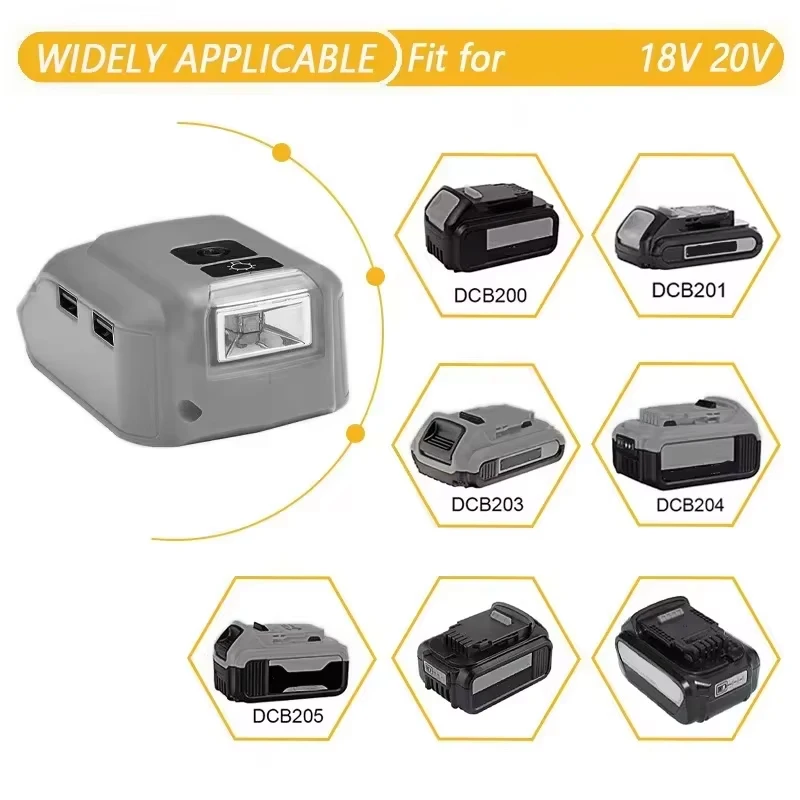 Adapter LED Light Working Lamp USB Mobile Phone Charger DC 12V Output Replacement For Dewalt 14.4V 18V Li-ion Battery DCB140