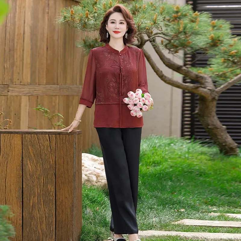Women Chinese Style 2 Piece Outfit Stand Collar Half Sleeve Blouse Straight Pants Middle Aged Mom Casual Suit