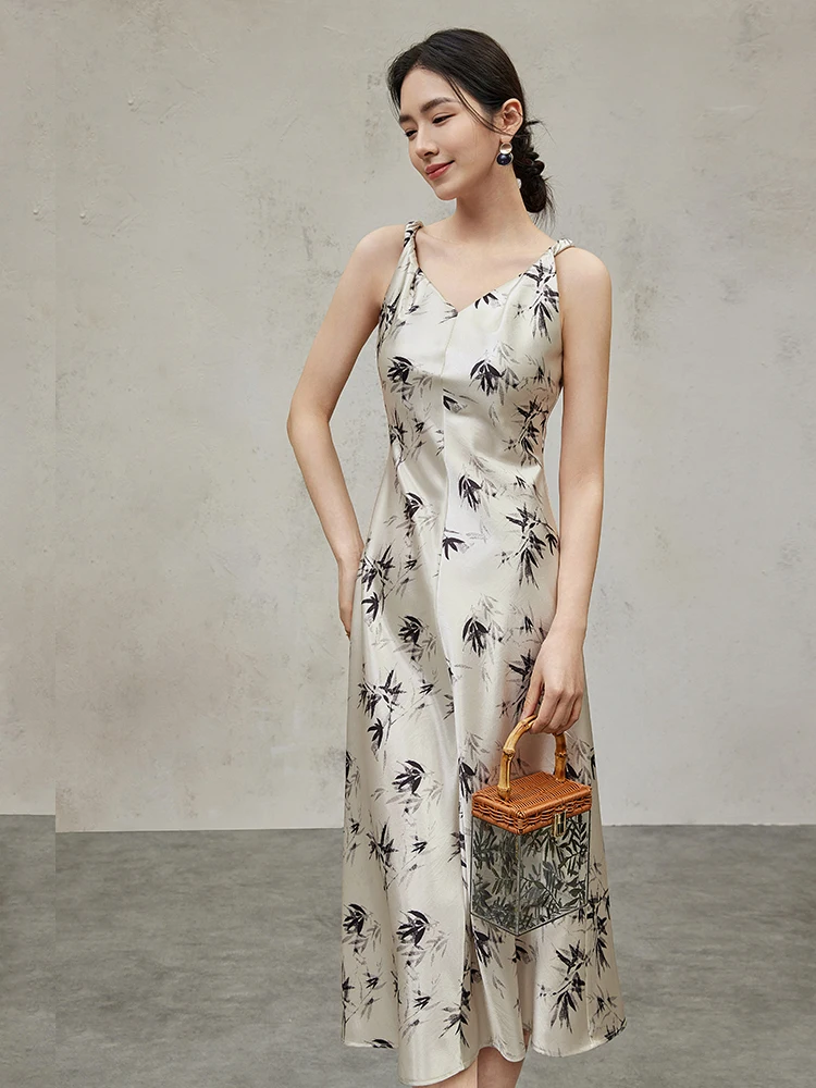 SENTUBILA Chinese Style V-neck Printed Camisole Dress 2024 Summer A-line Sleeveless Tank Midi Dresses Woman Clothes 142L54940