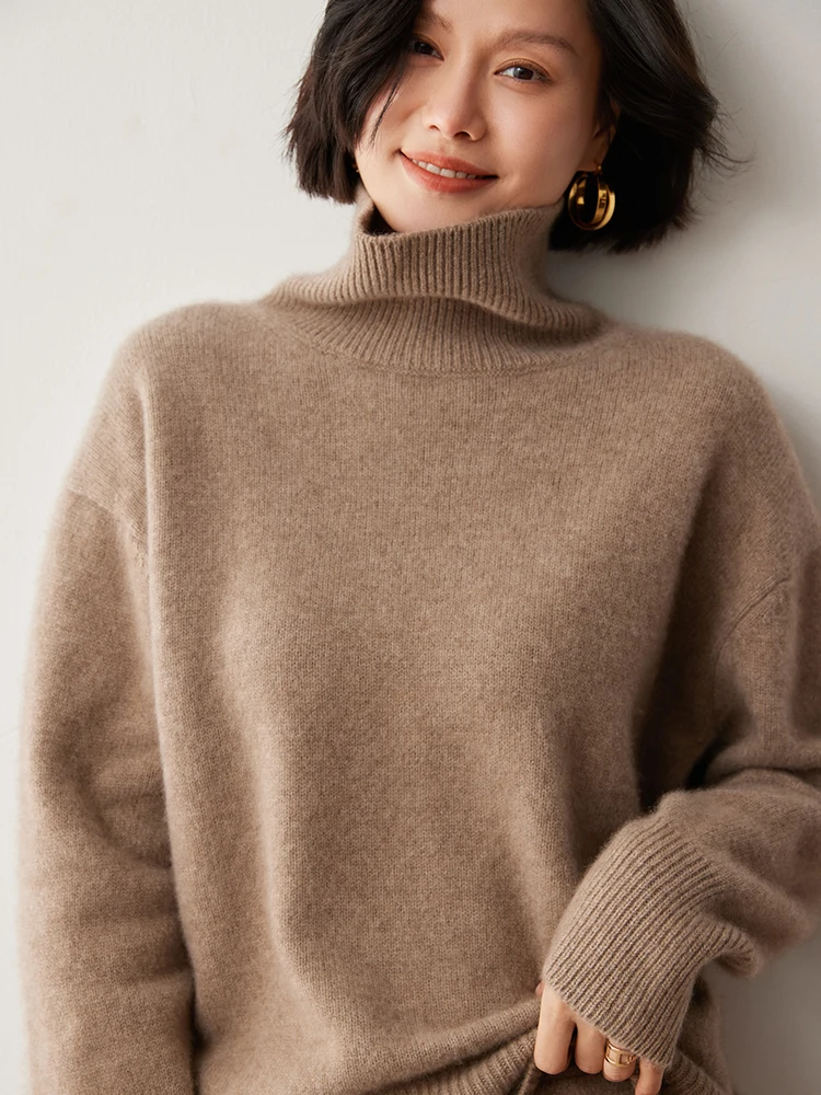 Women Autumn Winter 100% Goat Cashmere Turtleneck Pullover Sweater Soild Soft Light Luxury Loose Basic Versatile Knitted Tops