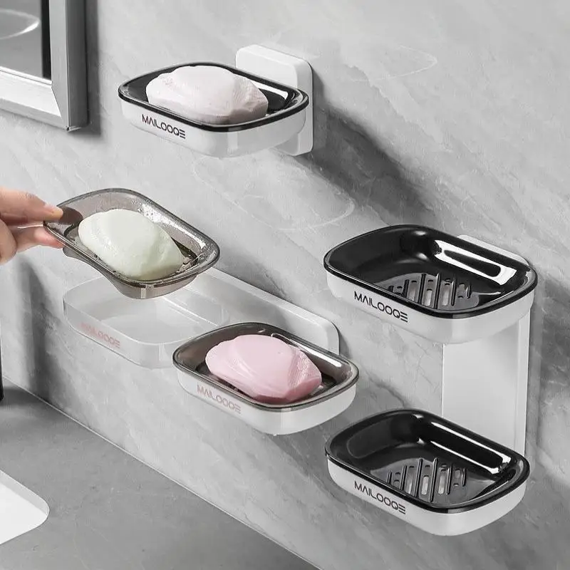 Wall Mounted Soap Dish Punch-Free Drawer Signal/Double Layer Storage Draining Holder Bathroom Organizer Rack Shelves