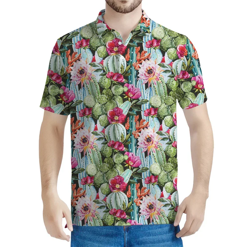 Tropical Cactus Pattern Polo Shirt Men Women Fashion Summer 3D Printed Plants T-Shirts Button Short Sleeves Street Tee Shirts