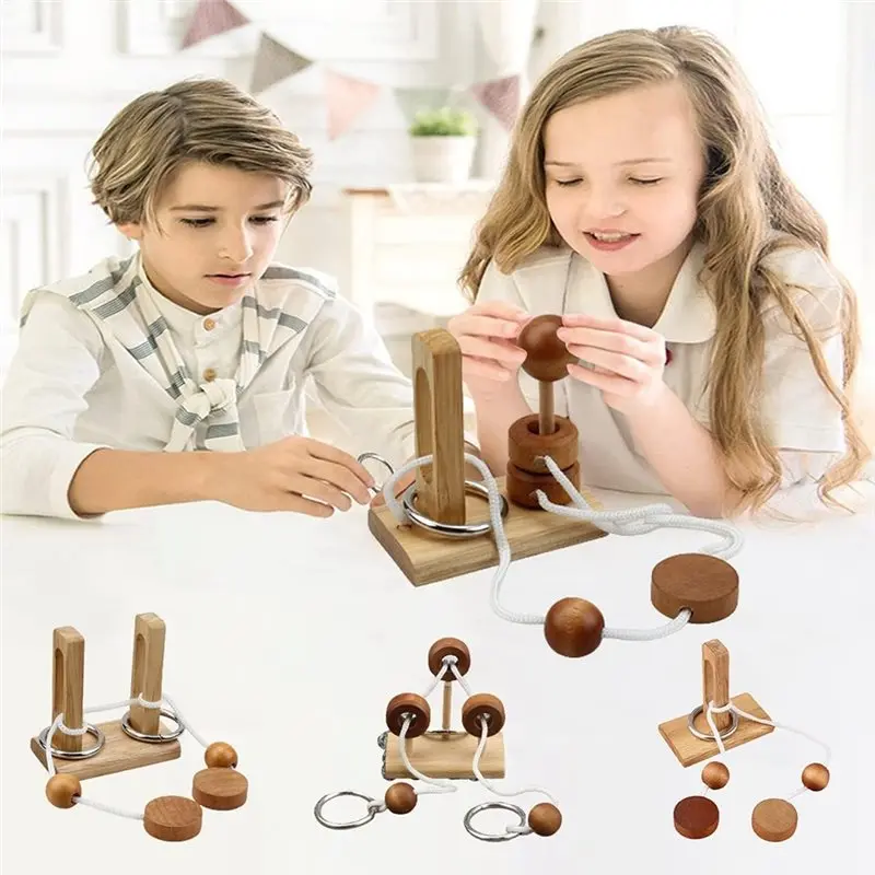 Best-Brain Teaser Game Adult Kids Puzzles Wooden Threading Rope Loop Puzzle For Adults