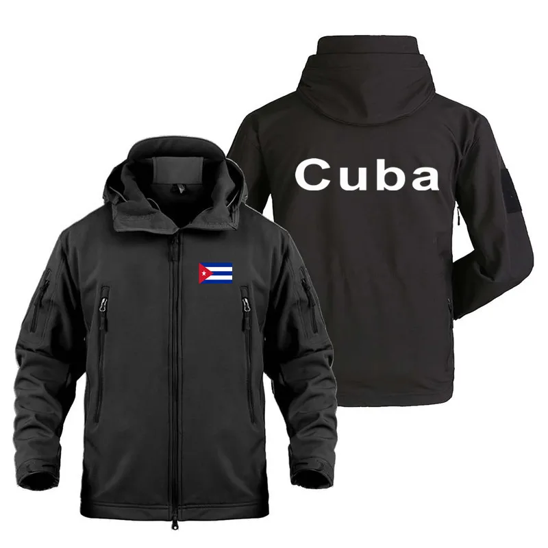 New Cuba Print Sharkskin Soft Shell Hooded Jacket Windproof Camping Hiking Hunting Jacket Stretch Fleece Sportswear