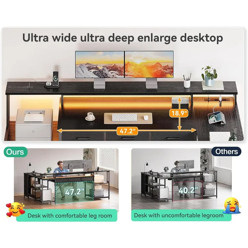 79" L Shaped Desk with 7 File Drawers, 2 Power Outlets & Monitor Shelf, Storage Shelves, LED Light, Black, Computer Desk