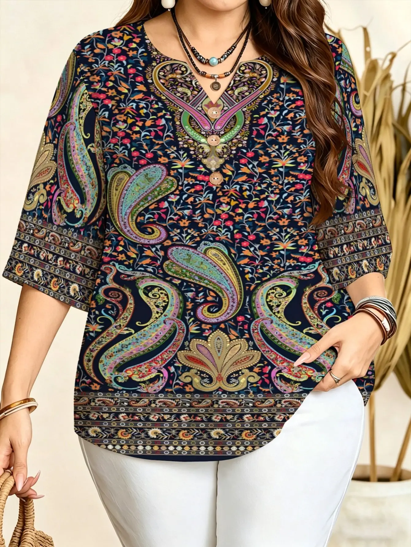Women Notch V Neck 3/4 Sleeve Blouse Bohemian Mandala Paisley Vintage Floral Ethnic Print Vacation Daily Loose Top
