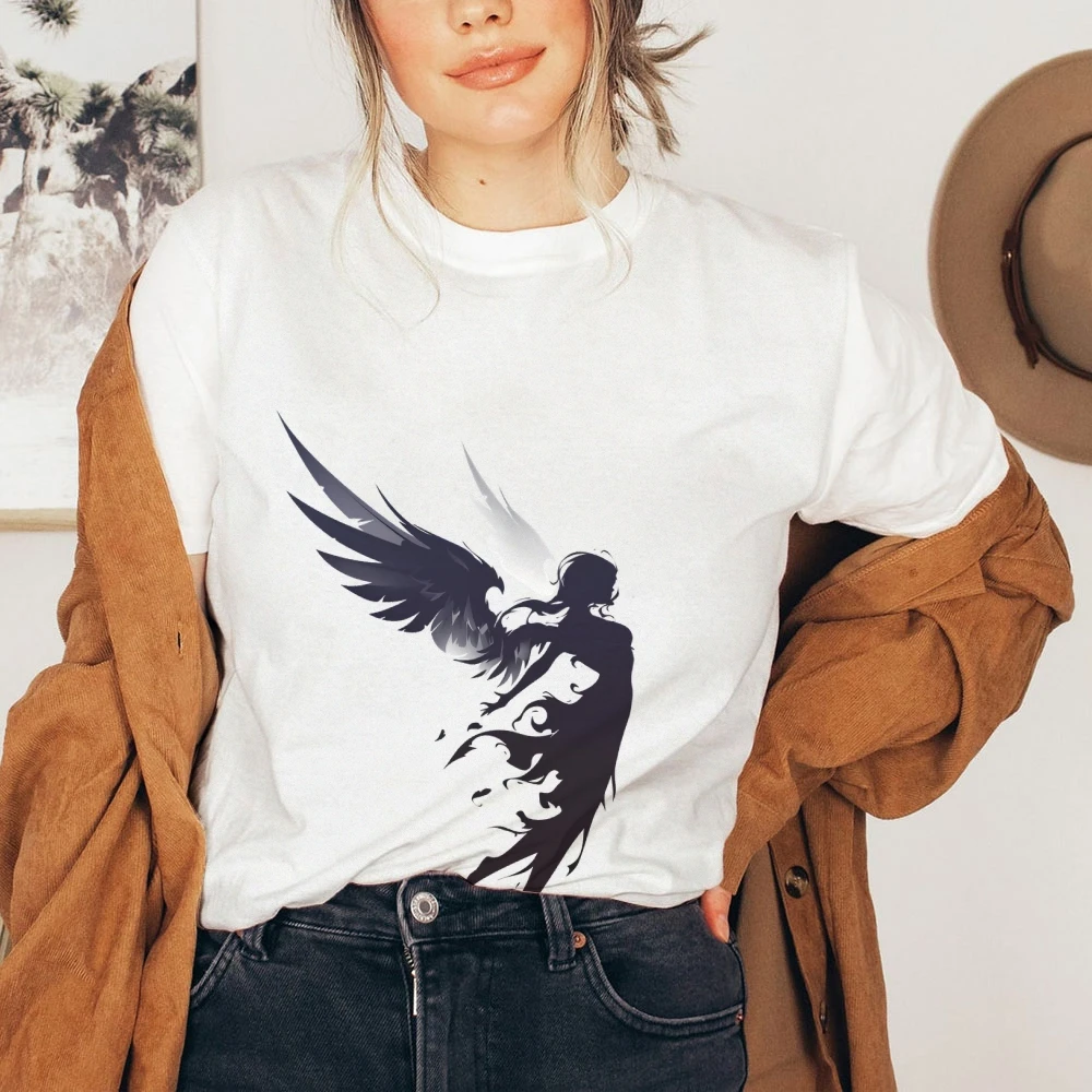 Ángel del viento oscuro, camiseta gráfica Y2k, camiseta extragrande para mujer, lindo conejito pintado a mano, arte de estilo coreano, top de verano 2025
